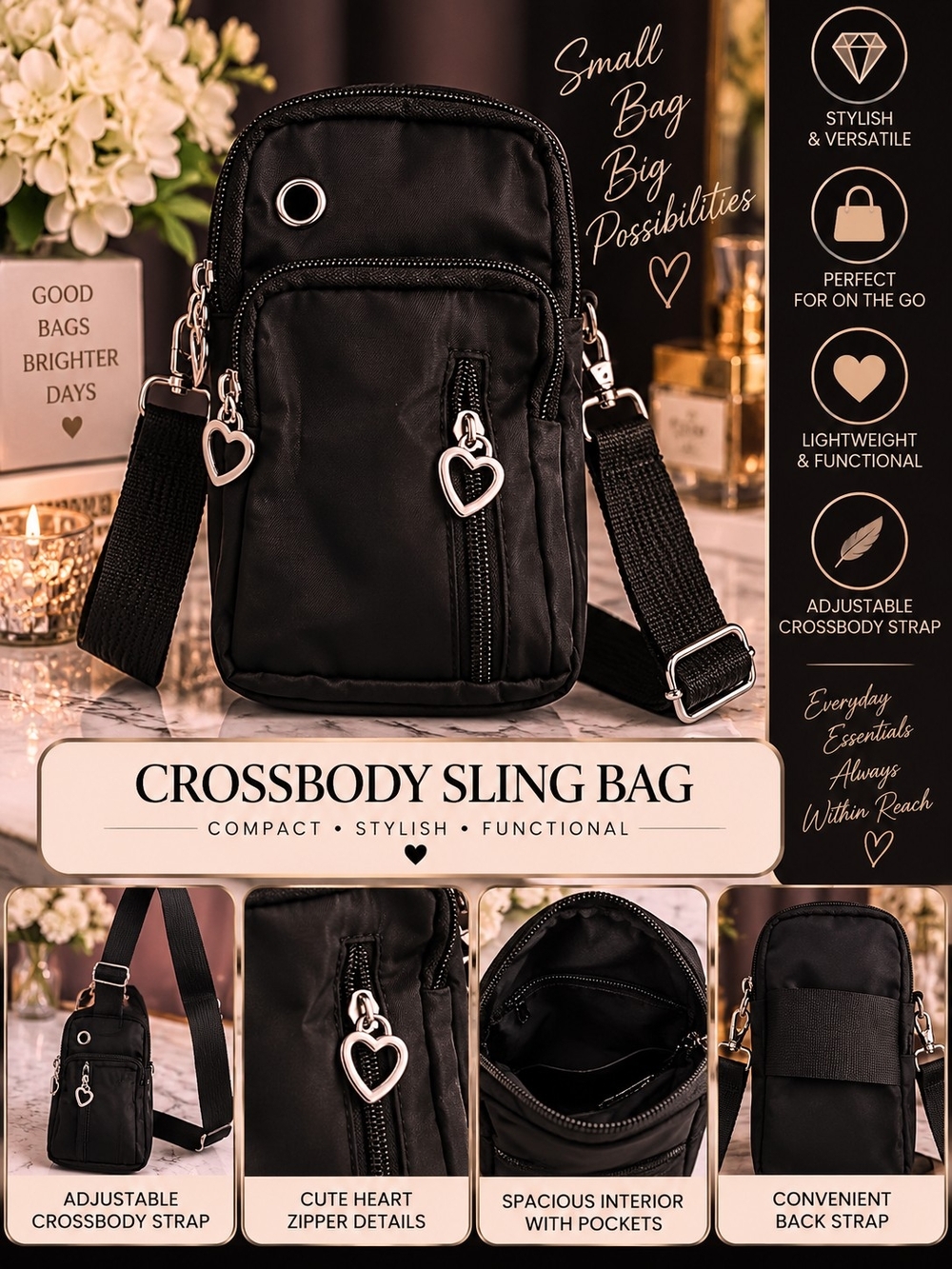 Black Crossbody Sling Bag Compact Purse With Heart Zippers And 4 Compartments!!